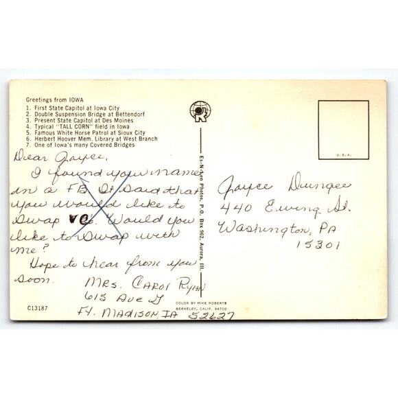 Greetings From Iowa State Map Postcard Chrome Flag Horses Farms Flowers Vintage - Picture 2 of 2